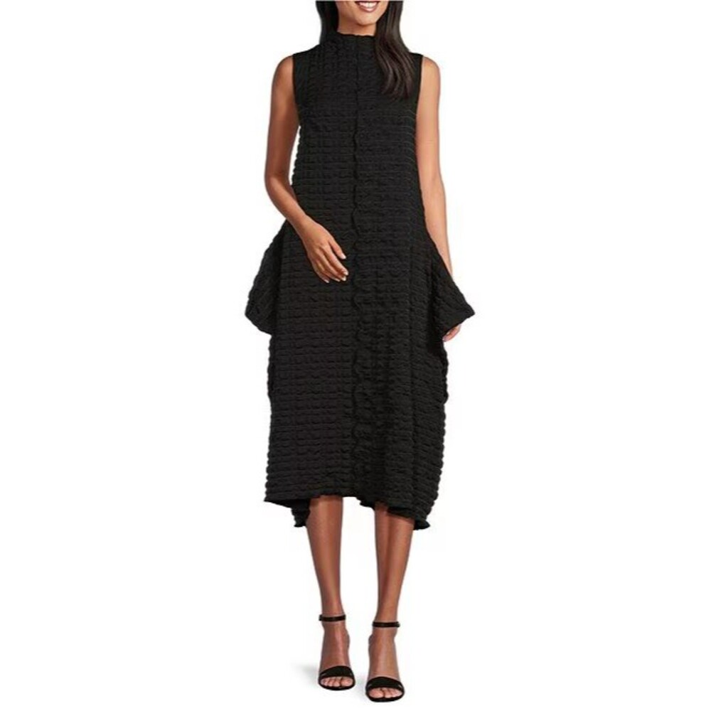 IC by Connie K Black Crinkle Midi Dress XXL Lagenlook Sleeveless Oversized New